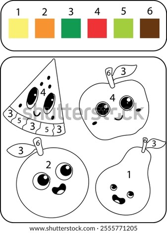 Fruit coloring page. Coloring by numbers for kids pineapple, apple, orange, watermelon