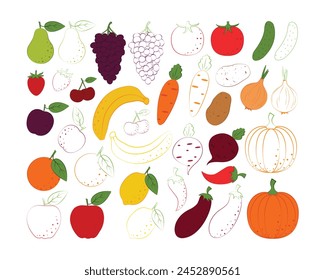 Fruit coloring set. Children's coloring book with a picture of fruits. Such as pear, strawberry, grape, cherry and banana and also orange, lemon, plum and apple. Vector illustration