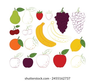 Fruit coloring set. Children's coloring book with a picture of fruits. Such as pear, strawberry, grape, cherry and banana and also orange, lemon, plum and apple. Vector illustration