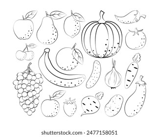 Fruit coloring set. Children's coloring book with a picture of fruits. Such as pear, strawberry, grape, cherry and banana and also orange, lemon, plum and apple. Vector illustration