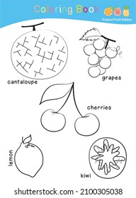 Página de la hoja de cálculo de coloreado de frutas. Colorando la página de la hoja de cálculo de la fruta linda. Hoja de trabajo de coloreado educativo imprimible. Ilustración vectorial.