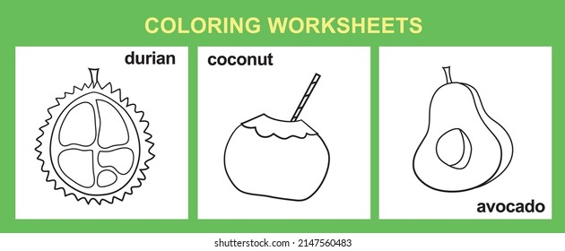 Fruit coloring worksheet page. Coloring cute fruit worksheet page. Educational printable colouring worksheet. Vector illustration.