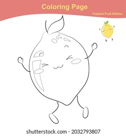 Página de la hoja de cálculo de coloreado de frutas. Página de la hoja de cálculo de limón de color. Hoja de trabajo de coloreado educativo imprimible. Hoja de cálculo adicional para niños. Ilustración vectorial al estilo de las caricaturas.