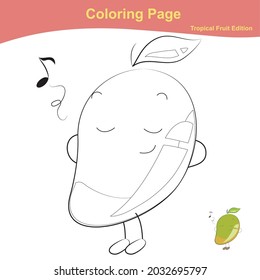 Fruit coloring worksheet page. Coloring mango worksheet page. Educational printable colouring worksheet. Additional worksheet for kids. Vector illustration in cartoon style.
