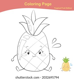 Fruit coloring worksheet page. Coloring pineapple worksheet page. Educational printable colouring worksheet. Additional worksheet for kids. Vector illustration in cartoon style.