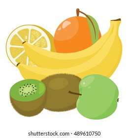 Fruit combination: kiwi, lemon, orange, banana,apple 