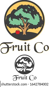 Fruit company logo. Tree and apple illustration. Two color options. Vector graphics.