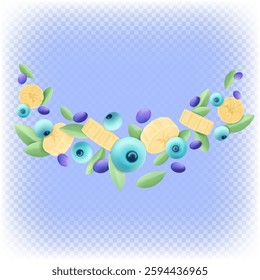 Fruit composition of banana pieces, blueberries, mint leaves and blue grapes. 3d vector isolated illustration.
