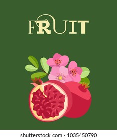 Fruit composition of fresh colored whole pomegranates and halves with leaves. On a dark green background