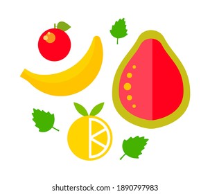 Composición de frutas con guayaba, limón y plátano aislados en fondo blanco, ilustración plana vectorial.