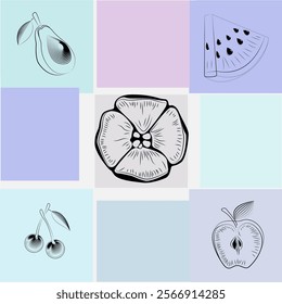Fruit composition on multi-colored squares. Healthy nutrition, diet. For advertising healthy food, business, logo. Vector illustration.