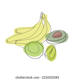 Fruit composition on white. Tropical fruits composition. Fruits Icon Set. Banana, lime, avocado, lemon
