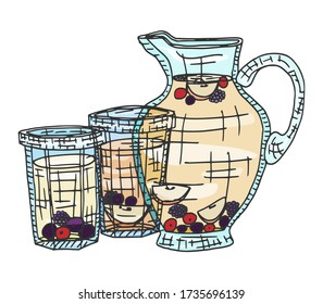 fruit compote in a decanter and glasses. doodle sketch vector stock