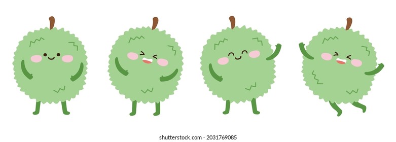 Fruit concept collection.Set of cute durian cartoon hand drawn on white background.Image for card,sticker,kid product,logo,mascot.Icon.Character design.Kawaii.Isolated.Vector.Illustration.