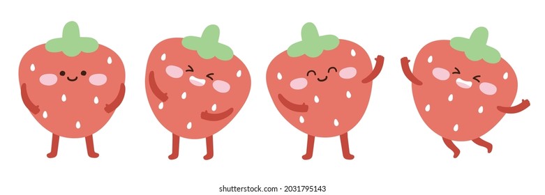 Fruit concept collection.Set of cute strawberry cartoon hand drawn on white background.Image for card,sticker,kid product,logo,mascot.Icon.Character design.Kawaii.Isolated.Vector.Illustration.