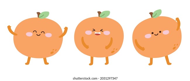 Fruit concept.Set of cute orange cartoon hand drawn on white background.Isolated.Collection.Image for card,sticker,kid product.Icon.Character design.Kawaii.Isolated.Vector.Illustration.Illustrator.