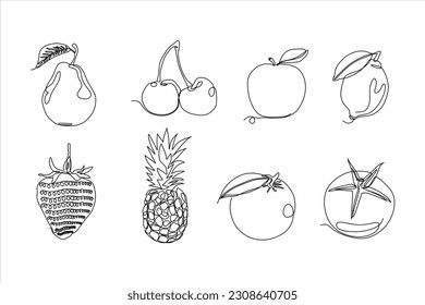fruit continuous line art vector set illustration