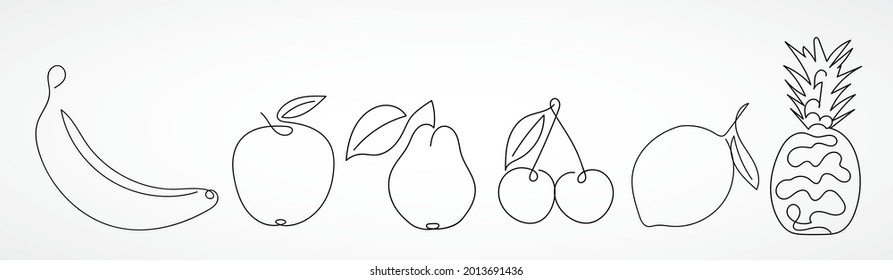 fruit continuous line drawing, Black and white vector minimalistic linear illustration made of one line