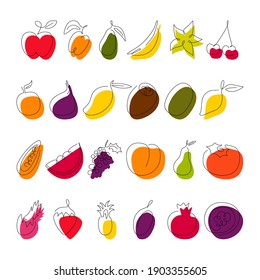 Fruit continuous line drawing collection isolated on white. Simple single outline sketch and color block. Food vegan design elements. Vector minimalistic flat contour illustration made of one line