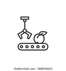 Fruit conveyor line icon. linear style sign for mobile concept and web design. Apple sorting conveyor outline vector icon. Symbol, logo illustration. Vector graphics