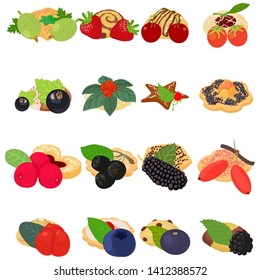 Fruit cookie icons set. Isometric set of 16 fruit cookie vector icons for web isolated on white background