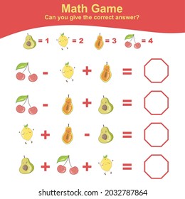 Worksheet zur Fruchtzählung Mathe-Arbeitsblatt für die Vorschule. pädagogisches, druckbares Mathematik-Arbeitsblatt. Vorschulbildung. Vorschulmaterial. Vektorgrafik.