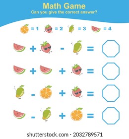 Fruit Counting Math Worksheet. Math Worksheet for Preschool. Educational printable math worksheet. Preschool Education. Early education materials. Vector illustration.