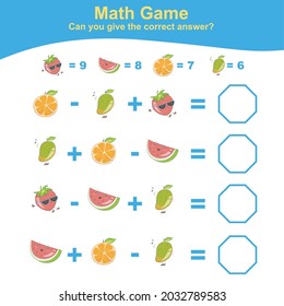 Worksheet zur Fruchtzählung Mathe-Arbeitsblatt für die Vorschule. pädagogisches, druckbares Mathematik-Arbeitsblatt. Vorschulbildung. Vorschulmaterial. Vektorgrafik.