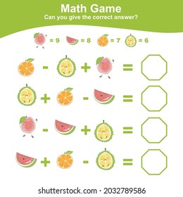 Fruit Counting Math Worksheet. Math Worksheet for Preschool. Educational printable math worksheet. Preschool Education. Early education materials. Vector illustration.