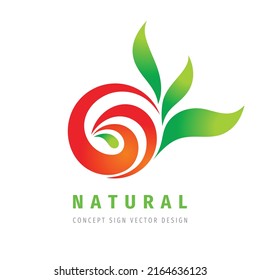 Kreatives Logo-Design für Obst. Symbol für ökologisches Produkt. roter Apfel mit grünen Blättern. Konzept dekoratives Zeichen. Vektorgrafik. 