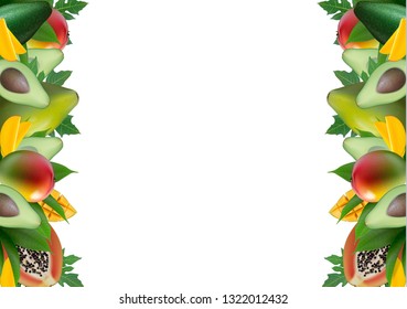 Fruit creative template layout made of avocado, mango, papaya and leaves. Food concept background. Space for text. Vector Illustration.