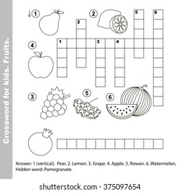 Fruit crossword for kids. Task and answer. Colorless version.