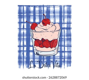 Fruit cup cake vector art, Fruit mousse in glass hand drawn vector illustration, retro vintage food artwork for t shirt, poster, wall art, Italian summer print design 