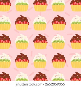 Fruit cupcake padrão sem costura. Delicioso desenho animado de sobremesa. Pode ser usado para papel de parede, papel de embrulho, tecido de moda