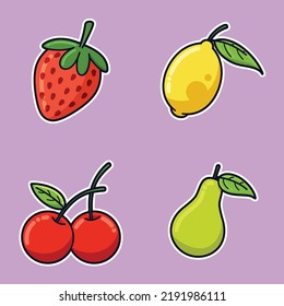 Fruta Cute Caricatura Fresa Lime Cerezo Vector Pear