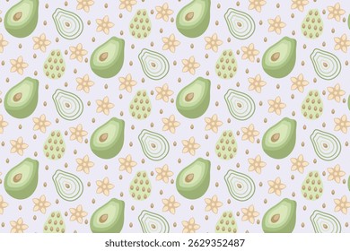 fruit cute flower seamless pattern illustration, green avocado geometric shape abstract background textile illustration 
