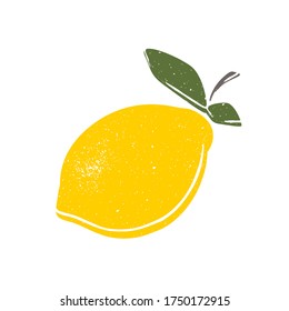 Fruta. Limón agrio amarillo con hojas verdes. Esbozo de caricatura, jugoso cítrico, delicioso. Ideal para postales, pegatinas, tela y textiles. Fondo blanco aislado, ilustración vectorial, impresión.
