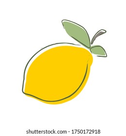 Fruit. Cute yellow sour lemon with green leaflets. Cartoon sketch, juicy citrus, delicious. Great for postcards, stickers, fabric and textile. White isolated background, vector illustration, print.