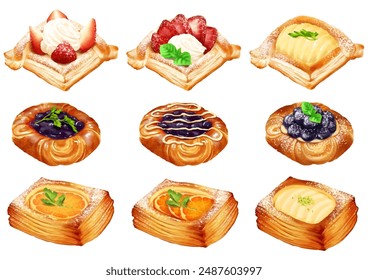 Fruit Danish Variety. Pastry. Strawberry. Orange. Blueberry. Pear.