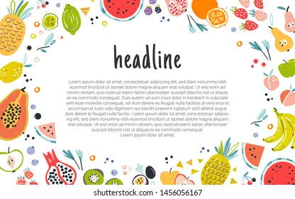 Fruit Decorative Frame In Flat Hand Drawn Style, Illustrations Border. Tropical Vector Template For Banner, Flyer Print Card And Invitation. Ingredients Color Cliparts Made As Graphic Concept. Sketch 