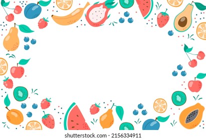 Fruit decorative frame in hand drawn flat style, illustration border. Tropical vector template for banner, flyer and invitation. Ingredients color clipart made as a graphic concept.