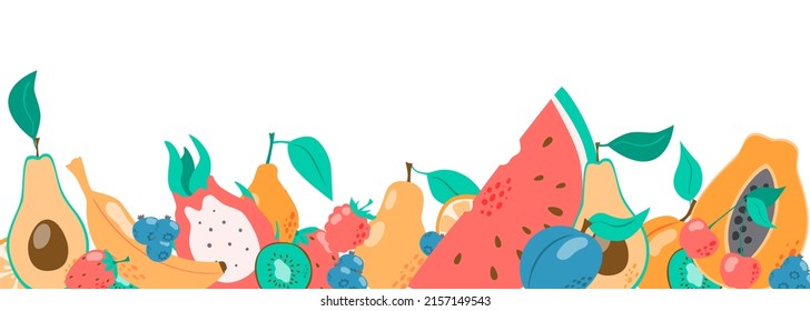 Marco decorativo de frutas de estilo plano dibujado a mano, borde de ilustración. Plantilla vectorial tropical para banner horizontal, volante e invitación. El clipart color de los ingredientes se hace como un concepto gráfico.