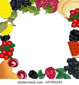 Fruit Decorative Frame. Organic food. Natural products white background.
