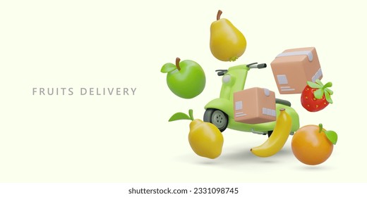 Entrega de fruta. Transporte cuidadoso de mercancías delicadas. Servicios de mensajería. Afiche publicitario con motocicleta eléctrica 3D, cajas, diferentes frutas. Plantilla para tiendas de comestibles, proveedores, agricultores