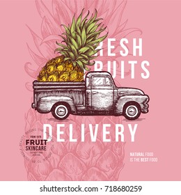 Fruit delivery design template. Botanical fruit. Engraved pineapple. Vector illustration