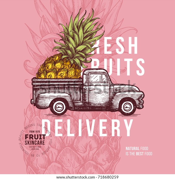 Fruit delivery design template.\
Botanical fruit. Engraved pineapple. Vector\
illustration