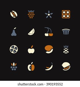 Fruit and desert icons in flat style. Color print on black background