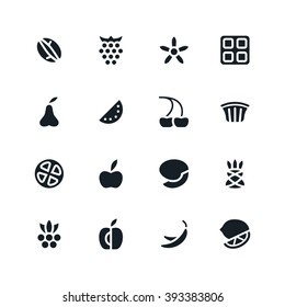Fruit and desert icons in flat style. Black print on white background