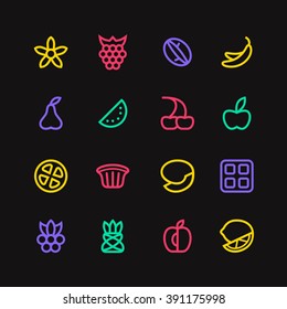 Fruit and desert icons in thin line style. Bright color on black background