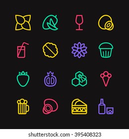 Fruit and desert icons in thin line style. Bright color on black background